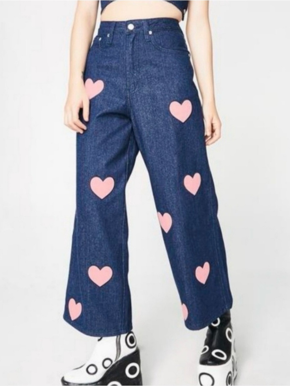 Lazy Oaf Denim Wide-Leg Pink Heart Cut Out Jeans size 24